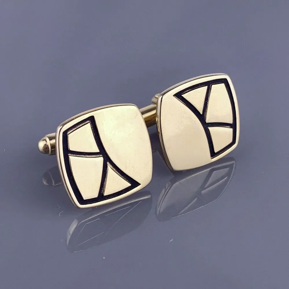 Simple Mid Century Modern Cufflinks Gold Tone Abstract Stain Glass Shape Vintage